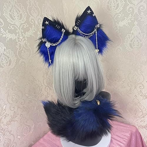 Cat Fox Wolf Ears and Tail Set - Plush Cosplay Clips Headband and Tail for Halloween, Costume Accessories,Gothic Punk 02ALL thumbnail 4