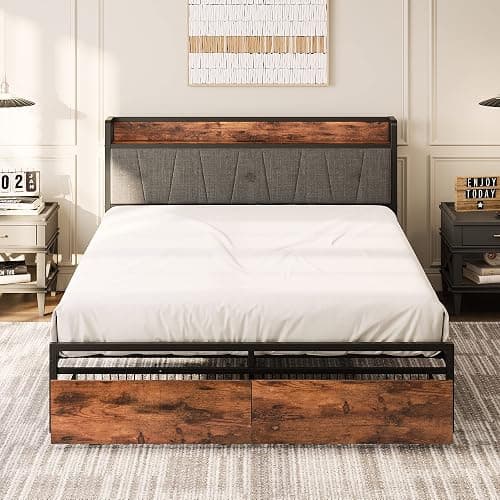 LIKIMIO Queen Bed Frame, Storage Headboard with Charging Station, Platform Bed with Drawers, No Box Spring Needed, Easy Assembly, Vintage Brown and Gray thumbnail 9