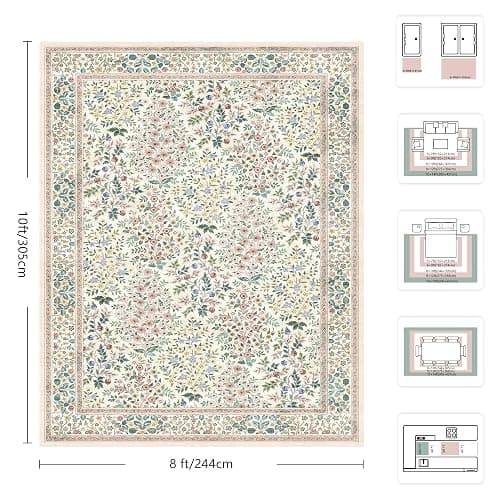 Yarooge 8x10 Area Rugs, Machine Washable Low Pile Floral Rugs for Living Room, Bedroom, Large Boho Area Rug with Non-Slip Backing for Dining Room(Pink Floral) thumbnail 2