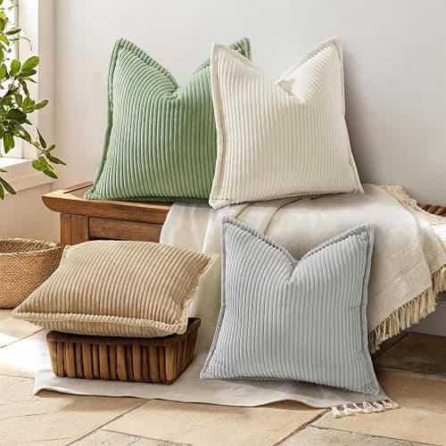 decorUhome Corduroy Sage Green Throw Pillow Covers 18x18 Set of 2 Decorative Soft Boho Farmhouse Euro Couch Pillow Covers for Living Room Bed Sofa Broadside Striped Pillow Cases thumbnail 6