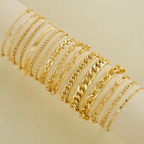 16 PCS Gold Bracelets for Women, Dainty Bracelets Set for Women Trendy, Gold Stackable Cuban Link Paperclip Chain Bracelet Pack Jewelry Gifts for Women thumbnail 7