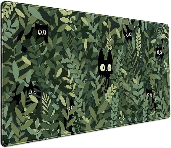 Cute Anime Cats Desk Mat Green Leaves Kawaii Mousepad XXL Extended Large Gaming Mouse Pad Cat, Aesthetic Extended Laptop Keyboard Mat Desk Pad for Women Office Gamer Girl Decor 31.5x15.75 in - Image 1