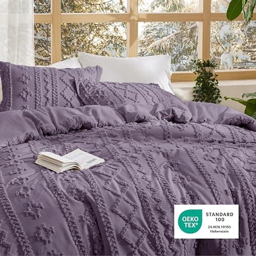 Bedsure Tufted Boho Comforter Set Queen Size - Grayish Purple Boho Bed Set, GentleSoft™ 3 Pieces Farmhouse Shabby Chic Embroidery Bedding, Gifts for Woman, Jacquard Queen Comforter for All Seasons thumbnail 5