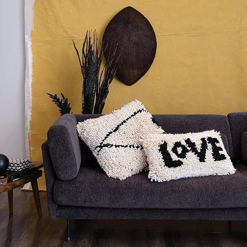 Creative Co-Op Woven Wool Shag Lumbar Pillow with Love Design, Black and Cream thumbnail 2