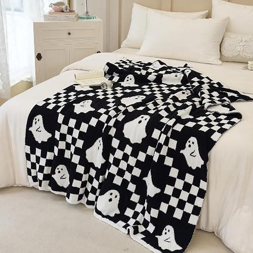 Ultra Soft Cozy Checkered Ghost Halloween Knitted Throw Blanket Fluffy Microfiber Checkerboard Bed Blanket Lightweight Both Sides Throw Blanket for Couch Sofa Bed 50"X60"Black¡­ thumbnail 2