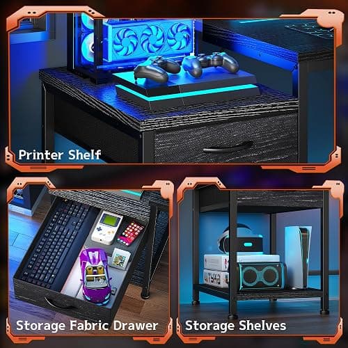 DurayLoly Gaming Desk 56 Inch with LED Lights and Power Outlets,Reversible Computer Desk with Drawers and Shelf,Gaming Table with Hooks for Headphone,Bags,Black Desk for Bedroom,Dorm,Black thumbnail 5