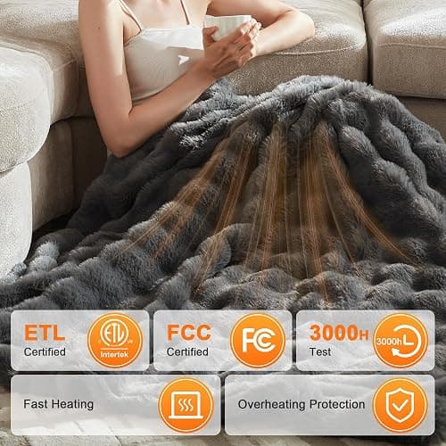 ACCU-WARMTH Heated Throw Blanket - Plush Thick Bubble Faux Fur Heated Blanket, Fast Heating Electric Blanket 6 Heating Levels & 4 Hours Auto-Off, Machine Washable, 50"x60", Dark Grey thumbnail 3