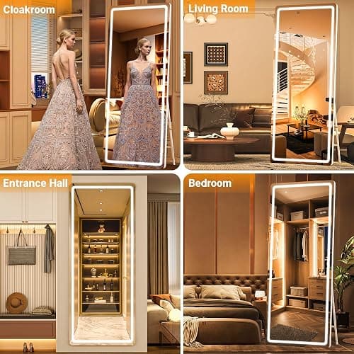 WINNICE Full Length Mirror with Lights, 56" x 15.8" LED Lighted Floor Standing Body Mirror, Dimmable & 3 Color Lighting Cloakroom, Dressing Room, Tempered Glass, Rounded Corner White thumbnail 4