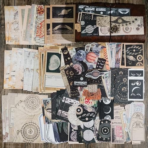Knaid Vintage Scrapbook Supplies Pack (200 Pieces) for Witchy Junk Journal Bullet Journals Planners Space Moon Paper Stickers Craft Kits Collage (Celestial) thumbnail 6
