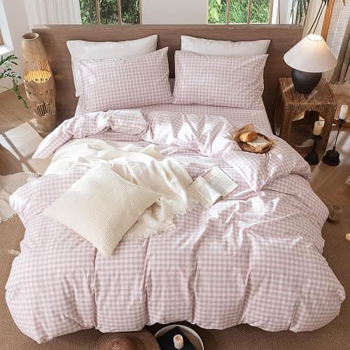 MooMee Gingham Duvet Cover Set 100% Washed Cotton Linen Like Textured Breathable Durable Soft Comfy Modern Checkered Design (Classic Gingham Greyish Pink, Queen 90"x90") thumbnail 5