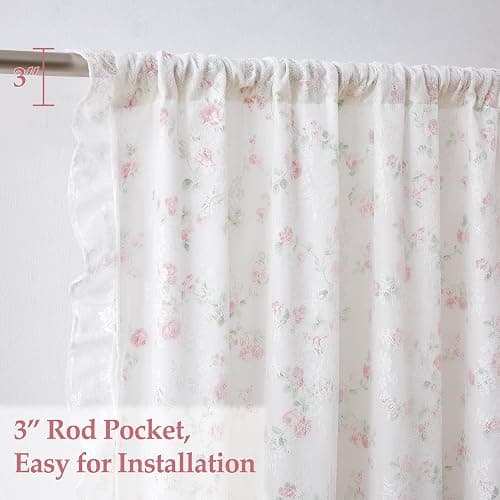 ZJDECOR Vintage Floral Curtains with Lace Sheer Overlay 84 Inch,Pink Flower on White Not-See-Through Sheer Drapes Lace Ruffle Edge,Shabby Chic Window Treatment for Bedroom Living Room,Rod Pocket,Pink thumbnail 8
