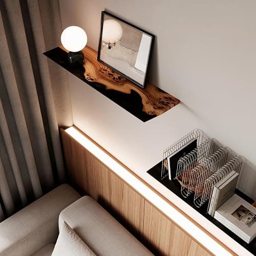 RWA Unique Live Edge Floating Shelf for Wall - Stylish Hanging Shelves for Room Wall Bedroom Bathroom Office Decor, Epoxy and Wood Wall Shelf Plank - Elegant Wall Mounted Shelves (black, 16x6") thumbnail 4