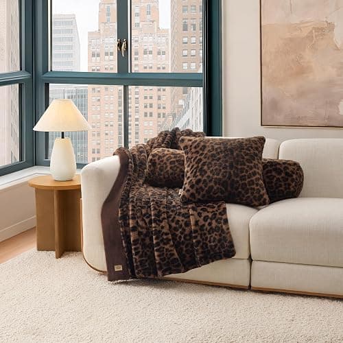 UGG Everett Throw Blanket for Home, 50" x 70", Black (Leopard) | Animal Printed Faux Fur Blanket, Hypoallergenic, Easy Care, Luxury, Leopard, Gifts for Women, Home Accent, Cozy thumbnail 6