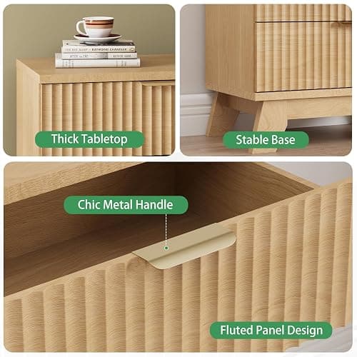 Fluted Nightstand, 24" Wide Side Table with 3 Large Storage Drawers, Mid Century Modern Wood Night Stand with Metal Handle, Wooden Bedside End Table for Bedroom, Living Room, Closet, Natural Oak thumbnail 4