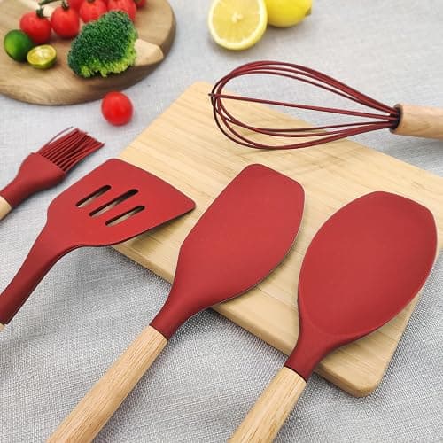 Kitchen Utensils Set 12 Pieces Nonstick Silicone Cooking Utensils Wood Handle Silicone Cooking Utensils Set with Holder Dishwasher Safe BPA Free(red) thumbnail 4