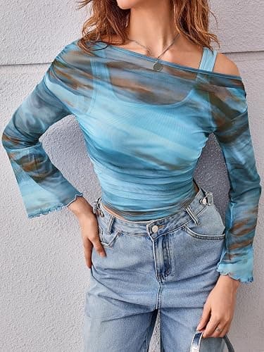 Verdusa Women's Y2k Off The Shoulder Tops Mesh Long Sleeve Crop Tops 2000s Clothing thumbnail 6