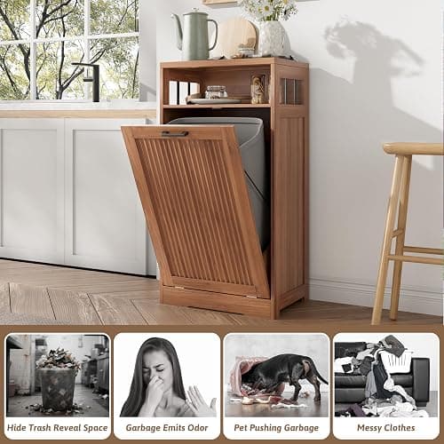 jmhdyg Pet-Proof Single 13 Gallon Tilt Out Trash Can Cabinet with Open Storage – Hide Garbage & Recycling Bins to Keep Your Kitchen Clean and Organized,Walnut thumbnail 6