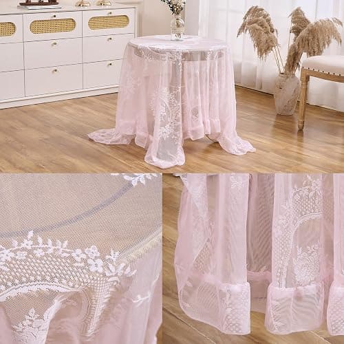Raedan Pink Floral Embroidered Lace Square Tablecloth 55”x55” Vintage Table Cover (Pink, 55”x55”, Square) thumbnail 6