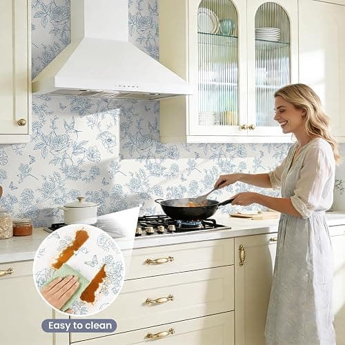 Floral Peel and Stick Wallpaper- Blue and White Vintage Flowers Contact Paper for Bathroom, Bedroom - Boho Removable Self Adhesive Vinyl Wall Paper for Decor Shelf Linings and Cabinets,17.3" x 78.7" thumbnail 6