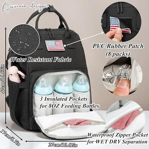 QWREOIA Diaper Bag Backpack for Dad and Mom with USB Charging Port Stroller Straps and Insulated Pocket,army military Travel Nappy Backpack for Daddy/Mommy (Black) thumbnail 3