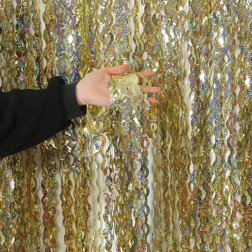 4 Pack Wavy Sparkle Champagne Gold Metallic Tinsel Foil Fringe Curtains Photo Booth Backdrop | Gold Streamer Backdrop for Holiday Celebration Bachelorette Party Decorations thumbnail 9