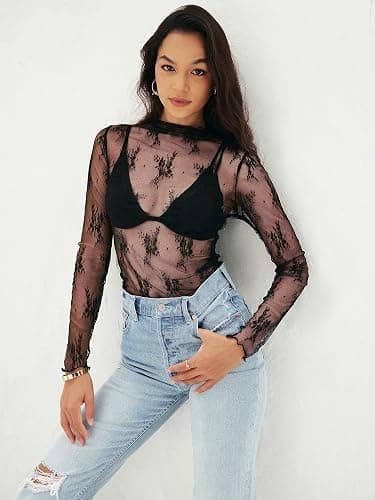 MEROKEETY Womens 2025 Lace Mesh Sheer Long Sleeve Top Sexy Y2k Mock Neck See Through Shirt Blouses thumbnail 8