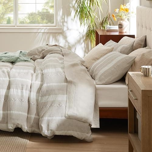 Bedsure Waffle Weave Duvet Cover King - 100% Cotton Boho Duvet Cover with 2 Pillowcases - Linen Color Textured Comforter Cover with Zipper Closure (King, 104"x90") thumbnail 7