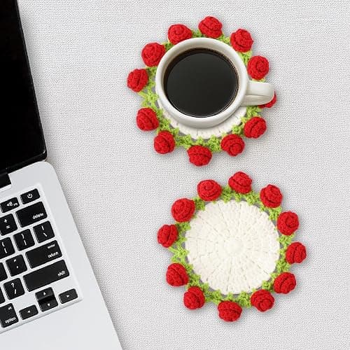 Crochet Flower Coasters, Handmade Bouquet Coasters with Crochet Plant Pot (Red, 2Pcs) thumbnail 2