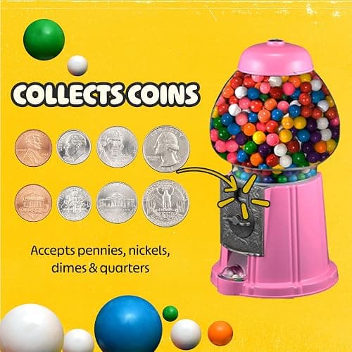 15” Gumball Machine with Stand and Coin Bank - Bubble Gum Machine Candy Dispenser with Glass Globe and Metal Base - Vintage Style Gum Ball Vending Dispenser by Great Northern Popcorn (Pink) thumbnail 4