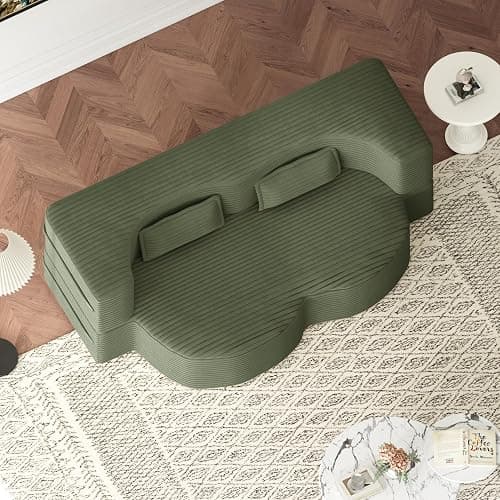 ALAMHI 78" Full Size Floor Sofa, Folding Queen Sleeper Couch, Futon Loveseat Sofa, Plush Corduroy Foam-Filled Sleeper Couch Bed, Fold Mattress Bed for Living Room, Guest Use, Office, Apartment, Green thumbnail 2
