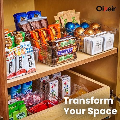 Oizeir Clear Pantry Organizer Bins 8-Pack - Fridge Organizer with 3 Removable Dividers, Ideal for Kitchen, Pantry, Refrigerator, Freezer, and Snack Storage thumbnail 6