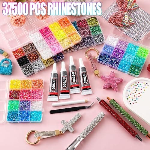 LERBOU 37500Pcs Bedazzling Kit for 60 Colors Rhinestones with 5 Box Diamond Art, 3mm Flatback Gems with 4×10ml B7000 Jewelry Glue Tweezers & Pickup Pen, Perfect for Nail Art, Crafting, Clothing thumbnail 3