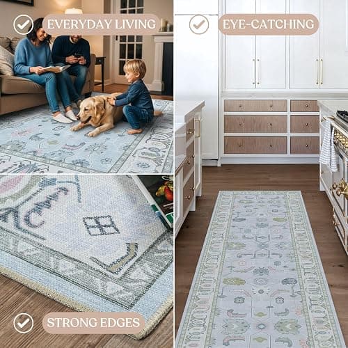 Fame Living Cream Blue Oushak Rug, Modern, Vintage, Turkish, Eclectic, Floral, Pastel, Washable, Area Rugs for Living Room, Dining, Bedroom, Office, Entryway, Foyer, Playroom, Nursery, 5'x6'9" thumbnail 4