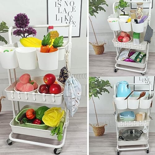 Freletry 3 Tier Rolling Utility Cart Multifunction Storage Organizer Shelf Rack with Lockable Wheels 3PCS Cups and 8PCS Hooks for Home Office Kitchen Bathroom Store (White) thumbnail 6