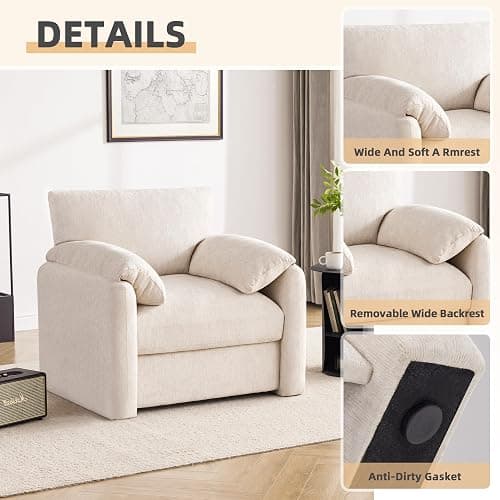 Howjoe Chenille Oversized Armchair, 38.6" Wide Accent Chairs for Living Room & Bedroom Modern Lounge Chair, Upholstered Mid-Century Reading Chair, Comfy Living Room Chair, Single Sofa Chair, Beige thumbnail 5