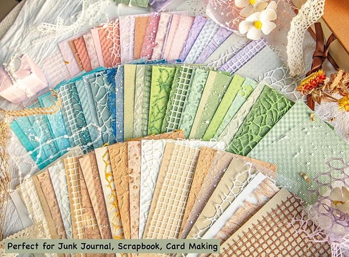 96 Sheets Textured Scrapbook Paper and Mesh Fabric Assorted Set - 6 Pack Mixed Special Paper for Scrapbooking Planner Bullet Junk Journal Supplies Mixed Media Collage Card Embellishments 3.9x5.5 Inch thumbnail 7