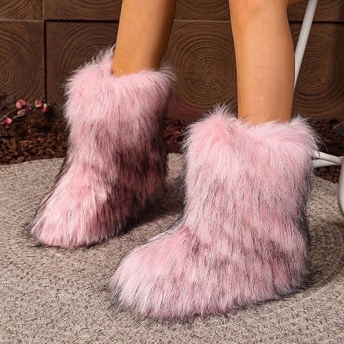 CryoSnowVale Women Faux Fur Furry Boot Fluffy Mid Calf Snow Boots Round Toe Suede Comfy Warm Flat Shoes Winter For Girl thumbnail 5