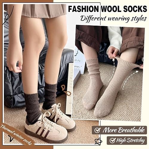 Women Merino Wool Slouch Boot Socks Warm Winter Thermal Slouchy Scrunch Cozy Knit Comfy Work Socks for 5 Pairs thumbnail 6