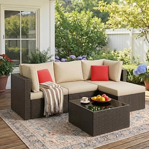 Vongrasig 5 Piece Patio Furniture Sets, Outdoor Patio Set Sectional Sofa, All-Weather PE Rattan Outdoor Couch with Ottoman, Glass Table for Garden, Backyard, Porch, Beige - Image 1
