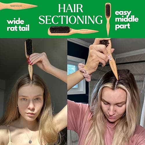 GranNaturals Boar Bristle Slick Back Hair Brush for Sleek Ponytail Bun & Smoothing Baby Hairs, Flyaways, Edge Control - Backcombing & Teasing Hairbrush with Wide Rat Tail for Sectioning & Parting thumbnail 4