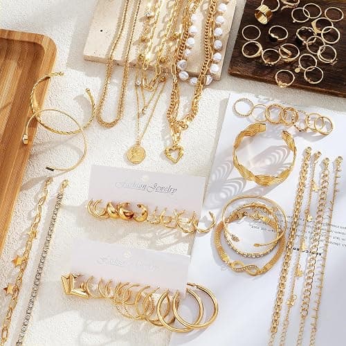 17IF 38-59 Pcs(9-8 Pack) Gold Plated Jewelry Set for Women With 8 Necklace 12 Bracelet 27 Ring 12 Pair Earring Hoop Simple Sparkle for Happy thumbnail 2