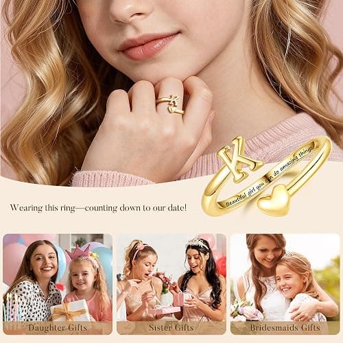 Turandoss Initial Heart Rings for Teen Girls Kids Gifts Trendy Stuff | 6-16 Year Old Teen Girls Kids Birthday Gifts, 14K Gold Plated, Initial Letter A-Z Adjustable Ring, Personalized Kids Rings thumbnail 4
