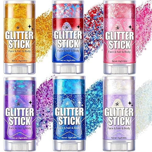 AROIC 6Pcs Body Glitter Stick, Sparkly Mermaid Face Glitter Makeup for Kids | Waterproof Rave Outfits Accessories for Women, Holographic Sequins Hair Glitter for Festival Singer Party Concert Cosplay - Image 1
