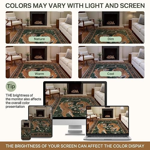 Bavni 5x7 Tiger Print Washable Area Rugs for Living Room Bedroom Non Slip | Vintage Oriental Boho Soft Thin Stain Resistant Low Pile, Botanical Forest Green Animal Carpet for Dining Room Nursery Office thumbnail 8
