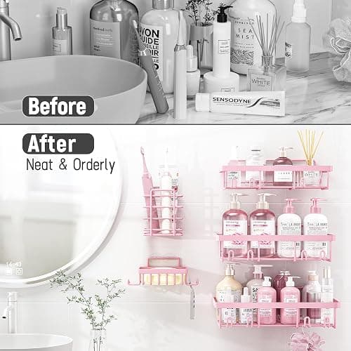 Liuoud Shower Caddy 5 Pack, Bathroom Shower Organizer Rack for Inside Shower, Adhesive Shower Shelf, Shampoo Holder, Shower Basket, Metal Wall Storage, Pink - Pink thumbnail 6