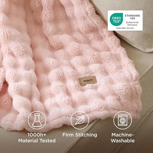 Bedsure Cosy Bubble Fleece Blanket - Soft Plush Throw Blanket for Adults, Lightweight & Warm, Pink, 130x170 cm for Sofa Throw, Bed, Gift Idea thumbnail 6