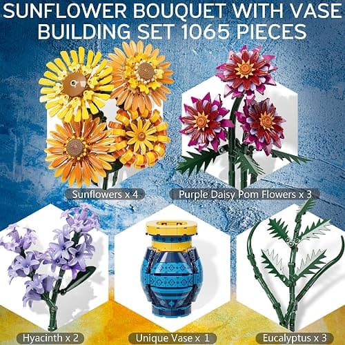Flower Bouquet Building Blocks Set with Vase, Valentines Day Gifts for Her Wife Him, 1065PCS Sunflower Botanical Collection Artificial Flower Birthday Gifts for Women Men Teen Girls Mom Teacher Adults thumbnail 4