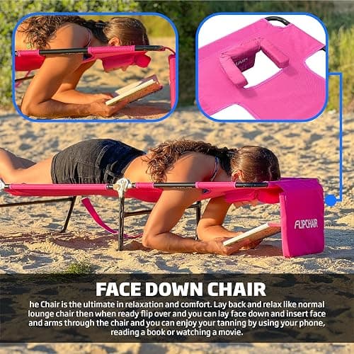 Face Down Tanning Chaise Lounge Chair - Face & Arm Holes - 2 Legs Support - Polyester Material – Backrest Positions - Head Rest Pillow - Beach or Home Use - Read and Tan - Pink Stripes Pattern thumbnail 4