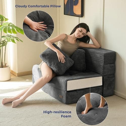 MAXYOYO Convertible Sofa Bed, Fold Out Sofa Couch with Pillow for Adults | Loveseat Sofa 4 in 1 Tufted Folding Couch Bed Foam Floor Couch, Lazy Chair for Living Room Bedroom Guest Room, Dark Grey thumbnail 6