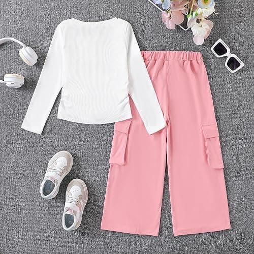 Azmxynol Girls Clothes 2 Piece Outfit Ribbed T-Shirt Top + Cargo Pants, Girls Fall Clothing Set, Sizes 5-16 Years thumbnail 8